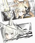  2girls absurdres animal_ear_fluff animal_ears ao_oni_(onioni-aoi) arknights bangs battle black_gloves blonde_hair brown_eyes closed_mouth eyebrows_visible_through_hair gloves headset highres holding horse_ears implied_extra_ears long_hair multiple_girls nearl_(arknights) nearl_the_radiant_knight_(arknights) orange_eyes ponytail silver_hair sketch v-shaped_eyebrows 