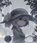  1girl :| arms_at_sides artist_name black_headwear blouse buttons closed_mouth commentary crying crying_with_eyes_open dated diamond_button empty_eyes eyebrows_visible_through_hair frilled_shirt_collar frills from_side grey_eyes grey_hair hat hat_ribbon highres komeiji_koishi leaf looking_at_viewer looking_to_the_side noumin_joemanyodw rain ribbon shirt short_hair solo streaming_tears tears third_eye touhou upper_body wet wet_clothes yellow_ribbon yellow_shirt 