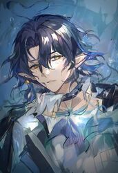  1boy arknights bangs black_hair earrings eyebrows_visible_through_hair facial_mark from_above hair_between_eyes highres jewelry long_hair looking_at_viewer looking_up lumen_(arknights) male_focus parted_lips pointy_ears qianzhu single_earring sketch upper_body water yellow_eyes 