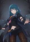  1girl armor bangs belt black_armor black_belt black_coat black_shirt black_shorts blue_eyes blue_hair breasts brown_legwear bustier byleth_(fire_emblem) byleth_eisner_(female) closed_mouth clothing_cutout coat commentary_request cowboy_shot dagger eyebrows_visible_through_hair fire_emblem fire_emblem:_three_houses highres holding holding_sword holding_weapon knife long_hair looking_at_viewer medal medium_breasts navel navel_cutout nnnn_oekaki pantyhose patterned_legwear sheath sheathed shirt short_shorts shorts shoulder_armor sidelocks solo standing sword sword_of_the_creator tassel vambraces weapon 