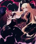  2girls ayahi_4 bare_shoulders black_choker black_dress black_nails black_shirt blonde_hair blurry chinese_clothes choker chromatic_aberration depth_of_field dress hand_on_own_chin hecatia_lapislazuli highres junko_(touhou) long_hair long_sleeves looking_at_another looking_at_viewer multiple_girls nail_polish off-shoulder_shirt off_shoulder phoenix_crown polos_crown red_eyes redhead sash shirt smile tabard touhou very_long_hair wide_sleeves 