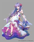  1girl book copyright dress flat_chest floating full_body grimms_notes hair_ribbon heart heart-shaped_pupils jewelry little_mermaid_(grimms_notes) long_hair makihitsuji necklace official_art purple_hair ribbon sandals solo symbol-shaped_pupils violet_eyes weapon 