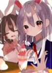  3girls :t \||/ absurdres animal_ears bangs blazer blurry blurry_background blurry_foreground blush brown_hair closed_eyes depth_of_field eating eyebrows_visible_through_hair food hair_between_eyes highres holding houraisan_kaguya inaba_tewi jacket long_hair long_sleeves looking_at_viewer multiple_girls necktie parfait pov pov_hands rabbit_ears red_eyes reisen_udongein_inaba shion_343 shirt simple_background solo_focus touhou upper_body white_background white_shirt 