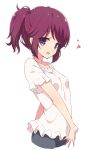 1girl bangs blush breasts collarbone eyebrows_visible_through_hair heart highres looking_at_viewer machikado_mazoku mel_(melty_pot) open_mouth ponytail purple_hair shirt short_sleeves simple_background small_breasts smile solo violet_eyes white_background white_shirt yoshida_ryouko 
