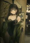  1girl bangs bare_shoulders black_eyes black_hair choker closed_mouth door flat_chest funabashi_(iwzry) graffiti highres indoors jacket long_hair looking_at_viewer open_clothes open_jacket original pantyhose playboy_bunny solo standing 