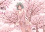  1girl akira_tooru bangs bare_shoulders blunt_bangs blurry blurry_foreground blush braid brown_eyes cherry_blossoms closed_mouth detached_sleeves dress dutch_angle falling_petals floral_print flower green_hair hair_flower hair_ornament looking_at_viewer original outdoors petals pink_dress pink_flower short_hair side_braid smile solo standing tree under_tree 