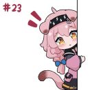  1girl :o animal_ears arknights black_hairband blue_bow blush bow braid cat_ears cat_girl cat_tail chibi coat goldenglow_(arknights) hair_bow hairband kurotofu lightning_bolt_print long_hair long_sleeves looking_at_viewer parted_lips peeking_out pink_coat pink_hair side_braid simple_background solo tail white_background yellow_eyes 