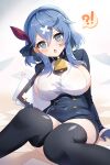  !? 1girl :o ako_(blue_archive) apple_caramel arm_support bangs bell black_gloves black_legwear blue_archive blue_eyes blue_hair blue_hairband blue_jacket blush breasts buttons clipboard collar covered_navel cowbell crossed_bandaids double-breasted ear_piercing eyebrows_visible_through_hair frown gloves hair_between_eyes hair_ribbon hairband half_gloves highres holding holding_clipboard jacket large_breasts long_hair long_sleeves looking_at_viewer neck_bell on_floor piercing red_ribbon ribbon sideboob sidelocks signature sitting solo sweat thigh-highs 