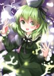  1girl :d bangs black_headwear black_ribbon blush dress eyebrows_visible_through_hair green_dress green_eyes green_hair hair_between_eyes hat highres long_sleeves looking_at_viewer neck_ribbon open_mouth ribbon ruu_(tksymkw) short_hair smile soga_no_tojiko solo tate_eboshi touhou 