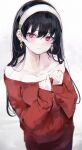  1girl absurdres bare_shoulders black_hair blush collarbone earrings hairband highres jewelry long_hair long_sleeves mile_(off8mile) off_shoulder red_eyes red_sweater smile spy_x_family sweater yor_briar 