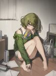  1girl absurdres bag bare_legs barefoot beer_can blush bob_cut bottle can covered_mouth drunk green_hair green_sweater head_tilt highres holding holding_can idolmaster idolmaster_cinderella_girls indoors knees_up looking_at_viewer maenoo off-shoulder_sweater off_shoulder on_floor papers plastic_bag ribbed_sweater sake_bottle sitting solo sweater takagaki_kaede wooden_floor 