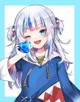  1girl ;d blue_background blue_eyes blue_gemstone blue_hair blue_hoodie blue_nails blush commentary drawstring gawr_gura gem glint grey_hair hair_ornament hand_up heart highres holding hololive hololive_english hood hood_down hoodie long_hair long_sleeves looking_at_viewer multicolored_hair nail_polish one_eye_closed pekerika sharp_teeth smile solo streaked_hair teeth two-tone_background two_side_up upper_body v-shaped_eyebrows virtual_youtuber white_background wide_sleeves 