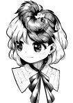  1girl animal_on_head bangs bird bird_on_head chick closed_mouth collared_dress commentary_request dress face greyscale highres looking_to_the_side monochrome multicolored_hair neckerchief niwatari_kutaka on_head short_hair smile solo suna_(s73d) touhou two-tone_hair 