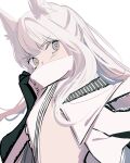  1girl animal_ear_fluff animal_ears arknights black_gloves bright_pupils brown_eyes elbow_gloves eyebrows_visible_through_hair gloves high_collar highres horse_ears long_hair looking_at_viewer platinum_(arknights) silver_hair simple_background solo tetuw upper_body v-shaped_eyebrows white_background 