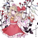  1girl ascot blonde_hair bloomers bow eyebrows_visible_through_hair fang flandre_scarlet flower flower_request frills gin_fragrans hair_between_eyes hat hat_ribbon light_smile looking_at_viewer mob_cap nail_polish pointy_ears puffy_short_sleeves puffy_sleeves red_eyes red_flower red_nails red_rose red_skirt red_vest ribbon rose short_sleeves simple_background skin_fang skirt skirt_set solo touhou underwear v-shaped_eyebrows vest white_background wings 