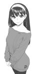  1girl absurdres artist_name bare_shoulders blush carlo_montie closed_mouth collarbone cowboy_shot earrings greyscale hairband highres jewelry long_hair long_sleeves looking_at_viewer monochrome simple_background smile solo spy_x_family sweater white_background yor_briar 