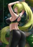  absurdly_long_hair absurdres annoyed armpits arms_up ass back bare_shoulders black_bra black_pants blush bra breasts closed_mouth covered_nipples cowboy_shot elsword eyebrows_visible_through_hair forest from_behind green_eyes green_hair highres jixo_(user_nzhc8728) large_breasts light_green_hair long_hair looking_at_viewer looking_back nature outdoors pants pointy_ears ponytail shoulder_blades sideboob sidelocks skin_tight skindentation sports_bra sportswear sweat tight tight_pants tying_hair underwear very_long_hair 
