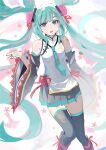  1girl bangs black_sleeves blue_eyes blue_hair blue_necktie detached_sleeves flower grey_legwear grey_skirt hair_flower hair_ornament hair_ribbon hatsune_miku higasizora-kai highres leg_ribbon long_hair long_sleeves looking_at_viewer miniskirt multicolored_hair necktie open_mouth pink_flower pink_hair pleated_skirt red_ribbon ribbon shirt skirt sleeveless sleeveless_shirt solo standing thigh-highs twintails two-tone_hair very_long_hair vocaloid white_shirt wide_sleeves zettai_ryouiki 