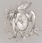  1girl barefoot curled_up from_above greyscale hugging_own_legs looking_at_viewer looking_to_the_side medium_hair monochrome mullmull02 multiple_wings original parted_lips smile smug solo toes wings 