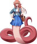  1girl artist_request bag blue_jacket blue_skirt blush breasts eyebrows_visible_through_hair full_body hair_between_eyes hair_ornament hairclip handbag jacket lamia large_breasts long_hair miia_(monster_musume) monster_girl monster_musume_no_iru_nichijou monster_musume_no_iru_nichijou_online official_alternate_costume official_art open_mouth pointy_ears redhead scales shirt skirt slit_pupils solo transparent_background very_long_hair white_shirt yellow_eyes 