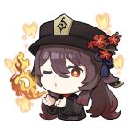  1girl black_headwear blowing_kiss brown_hair chibi chinese_clothes collared_coat fire flower flower-shaped_pupils genshin_impact hat hat_flower hu_tao_(genshin_impact) jewelry long_hair long_sleeves looking_at_viewer multiple_rings official_art one_eye_closed plum_blossoms porkpie_hat red_eyes ring symbol-shaped_pupils tassel 