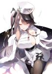  1girl azur_lane bangs bare_shoulders between_legs black_legwear black_ribbon breasts coat dress eyebrows_visible_through_hair fur-trimmed_coat fur_trim gloves hair_between_eyes hair_ribbon hand_between_legs hand_up hat heart heart-shaped_pupils highres hoerutarou large_breasts leaning_forward leaning_to_the_side licking_lips long_hair looking_at_viewer one_eye_closed pamiat_merkuria_(azur_lane) pantyhose peaked_cap retrofit_(azur_lane) ribbon shiny shiny_hair sideboob signature simple_background skindentation sleeveless sleeveless_dress solo swept_bangs symbol-shaped_pupils thick_thighs thighs tongue tongue_out white_background white_coat white_dress white_gloves wide_hips 