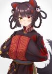  1girl alternate_costume animal_ears black_robe braid brown_hair cat_hair_ornament chinese_clothes commentary_request dog_ears dog_tail floral_print flower hair_flower hair_ornament hands_up heterochromia highres inui_toko looking_at_viewer looped_braids multiple_braids nenehotoso nijisanji own_hands_together parted_lips red_eyes robe simple_background sleeve_cuffs solo spider_lily spider_lily_print tail triangle_print tsurime virtual_youtuber white_background wide_sleeves yellow_eyes 