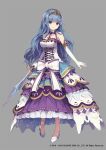  1girl blue_eyes breasts cinderella_(grimms_notes) copyright dress full_body gloves grey_background grimms_notes large_breasts long_dress makihitsuji official_art ribbon shoes smile solo standing sword tiara weapon 