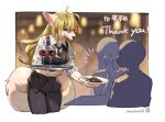  1boy 2girls animal_ears animal_head black_necktie black_pants black_vest blonde_hair chinese_commentary closed_mouth commission cup drinking_glass furry furry_female holding holding_plate holding_tray long_hair long_sleeves mixed-language_commentary mullmull02 multiple_girls necktie original pants plate red_eyes shirt skeb_commission smile solo_focus standing tail tray twitter_username vest waitress white_shirt wolf_ears wolf_girl wolf_tail 