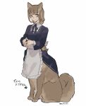  1girl animal_ears apron black_dress black_ribbon blush brown_eyes brown_hair centauroid closed_mouth dog dog_ears dog_tail dress highres long_sleeves looking_at_viewer maid monster_girl mullmull02 neck_ribbon original ribbon simple_background smile solo steepled_fingers tail taur waist_apron white_apron white_background 