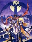  1990s_(style) ares_(brandish) armor bleeding blonde_hair blood boots brandish breastplate brown_footwear brown_gloves brown_hair cape closed_eyes dela_delon dragon elbow_gloves full_moon gloves hair_over_one_eye holding holding_staff holding_sword holding_weapon injury knee_pads long_hair moon night non-web_source official_art outdoors over-kneehighs pauldrons retro_artstyle ruins scarf short_hair shoulder_armor staff standing sword thigh-highs weapon yuuki_nobuteru 