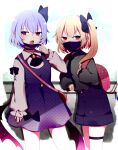  2girls alternate_costume backpack bag bangs bat_wings black_bow black_coat black_ribbon blonde_hair blue_sky bow coat dress eyebrows_visible_through_hair fang flandre_scarlet hair_ribbon highres leg_strap long_sleeves looking_at_viewer mask multiple_girls one_side_up open_mouth outdoors pinafore_dress pointy_ears polka_dot purple_dress purple_hair red_eyes remilia_scarlet ribbon shirt short_hair siblings sisters skin_fang sky standing touhou white_shirt wings you_(noanoamoemoe) 