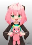  1girl absurdres ahoge anya_(spy_x_family) baum_(kfxh3544) black_dress child dress fang green_eyes grey_background hair_ornament highres holding open_mouth pink_hair short_hair simple_background smile solo spy_x_family stuffed_toy upper_body 