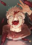  1boy black_jacket blood blood_on_face blood_on_hands brown_eyes ccccc_(jpn_m0) facial_mark finger_to_mouth fingers hand_up highres itadori_yuuji jacket jujutsu_kaisen male_focus open_mouth pink_hair short_hair solo teeth tongue tongue_out twitter_username undercut upper_body 