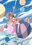  1girl balloon blue_sky brown_hair building cardcaptor_sakura clamp_(circle)_(style) clouds cloudy_sky edoya_inuhachi gloves green_eyes highres kinomoto_sakura magical_girl pink_headwear sky skyscraper white_gloves 