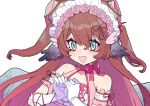  1girl :d animal_ears bare_shoulders bird_ears bird_wings blush bonnet brown_hair commentary commission english_commentary flower gloves green_eyes hair_between_eyes hair_flower hair_ornament indie_virtual_youtuber long_hair looking_at_viewer magpie_(vtuber) mochi_(buchumi10) open_mouth pink_flower skeb_commission smile solo two_side_up upper_body white_gloves wings 