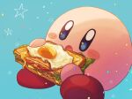  :o absurdres blue_background blue_eyes blush bread_slice bright_pupils cheese commentary eating food fried_egg highres holding holding_food kirby kirby_(series) lettuce open_mouth sandwich simple_background sliced_meat solo sparkle tomato vul3hl0smteyk1z white_pupils 