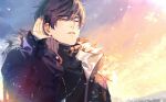  1boy bangs black_coat blue_sky closed_eyes closed_mouth clouds cloudy_sky coat long_sleeves marius_von_hagen_(tears_of_themis) outdoors purple_hair short_hair sky snowing solo tang_xinzi tears_of_themis winter_clothes winter_coat 