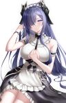  1girl august_von_parseval_(azur_lane) august_von_parseval_(the_conquered_unhulde)_(azur_lane) azur_lane bangs breasts closed_mouth eyebrows_visible_through_hair hair_between_eyes hair_over_one_eye hand_in_own_hair hand_on_own_chest highres long_hair looking_at_viewer maid maid_headdress medium_breasts naga_(pixiv70891418) official_alternate_costume purple_hair sitting solo violet_eyes white_background 