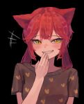  1girl absurdres animal_ears bangs black_background blush brown_shirt cat_ears commentary_request grin hand_up highres korean_commentary laughing long_hair original parted_lips redhead shirt short_sleeves simple_background slit_pupils smile solo upper_body yellow_eyes yoon_cook 
