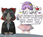  2girls absurdres bangs black_hair black_hairband black_jacket blazer blue_shirt blush bow collared_shirt commentary_request cookie_(touhou) english_text eyebrows_visible_through_hair frilled_bow frilled_hair_tubes frills hair_between_eyes hair_bow hair_ornament hair_tubes hairband hakurei_reimu heart heart_hair_ornament highres holding holding_sign jacket komeiji_satori looking_at_viewer mashiroma_zenima multiple_girls office_lady open_mouth pink_hair pink_skirt real_life red_bow russian_flag russian_text russo-ukrainian_war sananana_(cookie) shirt short_hair sign skirt table third_eye toaru_yuuzaa touhou translated transparent_background ukrainian_flag upper_body violet_eyes white_shirt yellow_eyes 