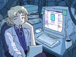  1girl blonde_hair blue_eyes book book_stack chair character_request cigarette coffee_mug copyright_request cup desk eyebrows_behind_hair highres indoors keyboard_(computer) labcoat limited_palette long_sleeves looking_at_viewer monitor mouse_(computer) mug on_chair psicochurroz purple_shirt shirt sitting smoking steam sticky_note templeos 