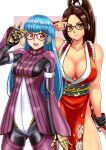  2girls absurdres adjusting_eyewear bangs bare_shoulders breasts closed_mouth collarbone commentary_request dead_or_alive dead_or_alive_6 fatal_fury floral_print glasses gloves hair_ornament highres hiroyama_(hpzg5374) japanese_clothes kula_diamond large_breasts lips long_hair long_sleeves looking_at_viewer multiple_girls ninja obi open_mouth ponytail red-framed_eyewear revealing_clothes rope sash shiny shiny_hair shiranui_mai simple_background sleeveless small_breasts smile the_king_of_fighters turtleneck 
