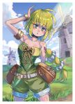  1girl bare_shoulders belt bow breasts choker clouds green_eyes green_hair hair_ribbon highres jewelry kuwango long_hair looking_at_viewer multi-tied_hair ponytail ribbon saga saga_frontier_2 shorts solo very_long_hair virginia_knights windmill 