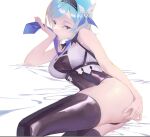  1girl badao_zhu_ge bare_arms black_hairband black_legwear black_leotard blue_eyes blue_hair blue_necktie breasts eula_(genshin_impact) genshin_impact hairband highres leotard looking_at_viewer lying medium_breasts necktie on_side shiny shiny_clothes shiny_hair shiny_legwear short_hair solo thigh-highs white_background 