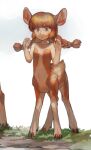  1girl animal_ears blush braid brown_eyes brown_hair bug butterfly butterfly_on_nose centauroid child completely_nude deer_girl hands_up long_hair monster_girl mullmull02 nude original parted_lips simple_background solo taur twin_braids white_background wide-eyed 