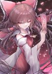 1girl 33_gaff ascot bangs bare_shoulders bow breasts brown_background brown_hair closed_mouth collared_dress detached_sleeves dress eyebrows_visible_through_hair eyelashes eyes_visible_through_hair frills gohei gradient gradient_background hair_between_eyes hair_ornament hair_tubes hakurei_reimu hand_up long_hair long_sleeves looking_to_the_side medium_breasts ofuda one_eye_closed petals pink_background red_background red_dress red_eyes smile solo standing touhou wide_sleeves yellow_ascot 