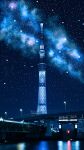  3d building city_lights commentary_request from_below highres horizon kiri_tsuki milky_way night night_sky no_humans original outdoors reflection reflective_water scenery sky skyscraper star_(sky) starry_sky tower water 