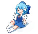  1girl blue_dress blue_hair blush bow cirno closed_eyes crossed_bandaids crying dress eyebrows_visible_through_hair ferdy&#039;s_lab flying_sweatdrops full_body hair_bow highres ice ice_wings injury knee_up leaning_back open_mouth scraped_knee shirt short_hair short_sleeves sitting solo streaming_tears tears touhou white_legwear wings 