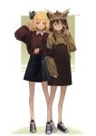  2girls absurdres apron arknights artist_name bare_legs black_footwear black_skirt blonde_hair brown_apron brown_footwear brown_hair brown_shirt brown_sweater closed_mouth collared_shirt commentary feather_hair full_body glasses green_background highres horns ifrit_(arknights) locked_arms long_sleeves looking_at_viewer multiple_girls orange_eyes parted_lips shirt shoes short_hair short_twintails silence_(arknights) skirt smile sneakers sweater twintails two-tone_background v white_background yoon_cook 